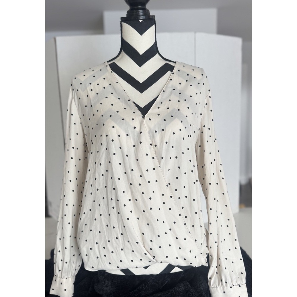 Ann Taylor Polka Dot Wrap Blouse Cream Black Long Sleeve V-Neck Medium